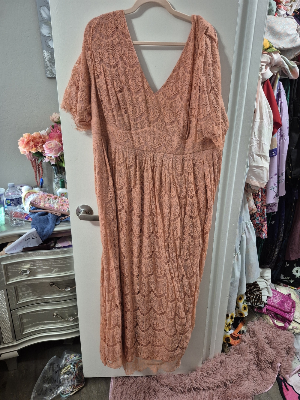 eshakti Peach Lace V-Neck Maxi Dress